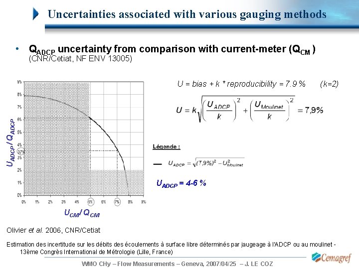 Uncertainties associated with various gauging methods • QADCP uncertainty from comparison with current-meter (QCM Uncertainties associated with various gauging methods • QADCP uncertainty from comparison with current-meter (QCM