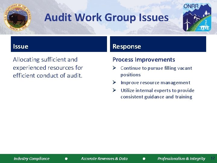 Audit Work Group Issues Issue Response Allocating sufficient and experienced resources for efficient conduct