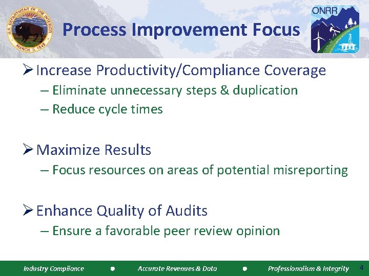 Process Improvement Focus Ø Increase Productivity/Compliance Coverage – Eliminate unnecessary steps & duplication –