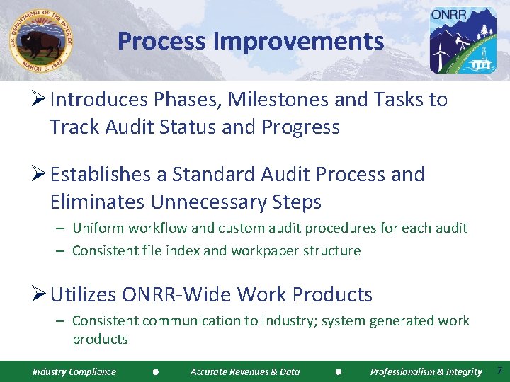 Process Improvements Ø Introduces Phases, Milestones and Tasks to Track Audit Status and Progress