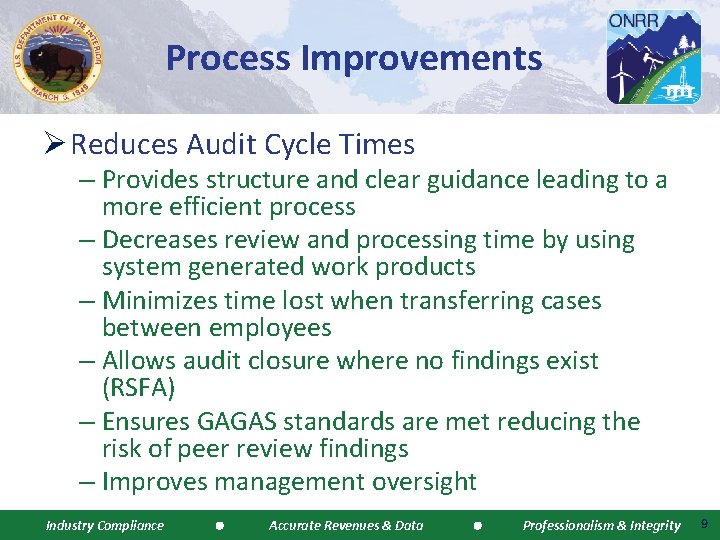 Process Improvements Ø Reduces Audit Cycle Times – Provides structure and clear guidance leading