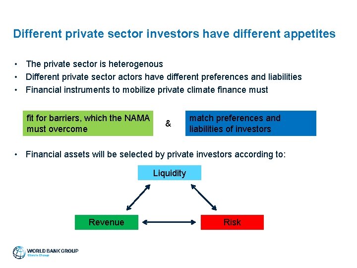 Different private sector investors have different appetites • The private sector is heterogenous •