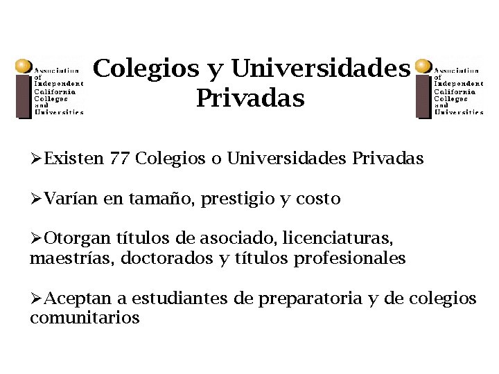 Colegios y Universidades Privadas ØExisten 77 Colegios o Universidades Privadas ØVarían en tamaño, prestigio