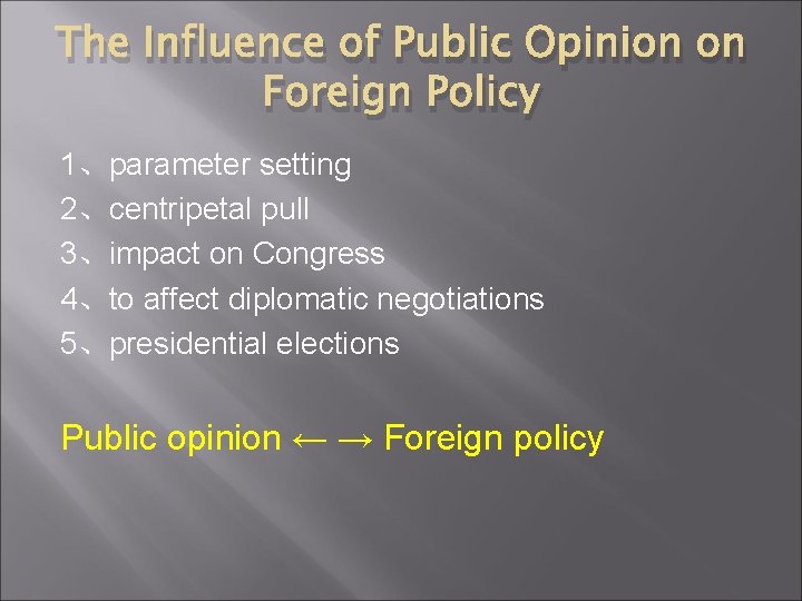 The Influence of Public Opinion on Foreign Policy 1、parameter setting 2、centripetal pull 3、impact on