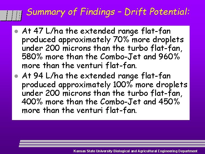 Summary of Findings – Drift Potential: l l At 47 L/ha the extended range