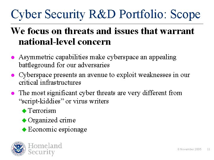Cyber Security R&D Portfolio: Scope We focus on threats and issues that warrant national-level