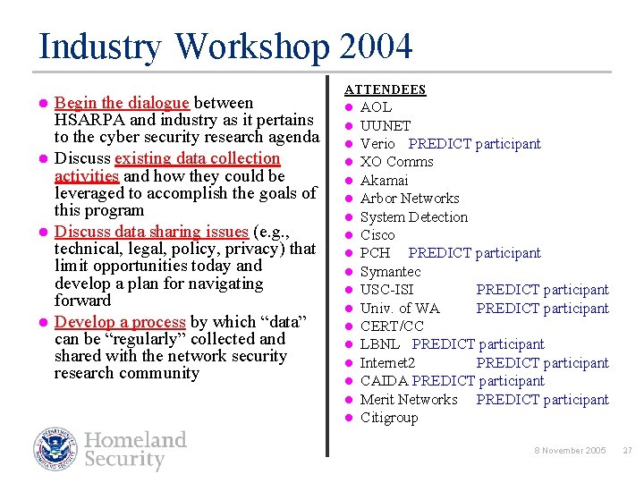 Industry Workshop 2004 l l Begin the dialogue between HSARPA and industry as it