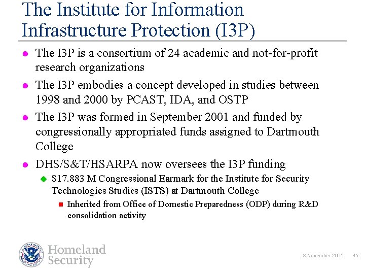 The Institute for Information Infrastructure Protection (I 3 P) l l The I 3