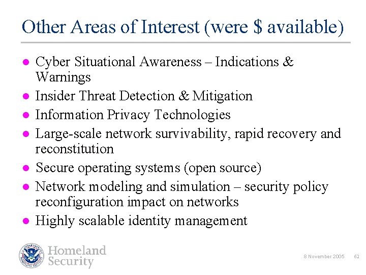 Other Areas of Interest (were $ available) l l l l Cyber Situational Awareness
