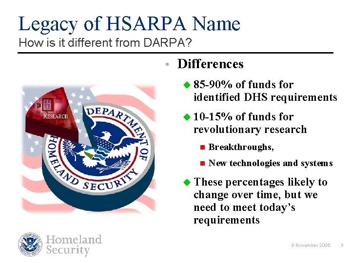 Legacy of HSARPA Name How is it different from DARPA? § Differences u 85