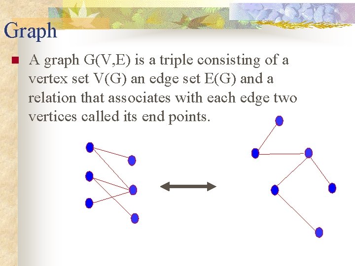 Graph n A graph G(V, E) is a triple consisting of a vertex set