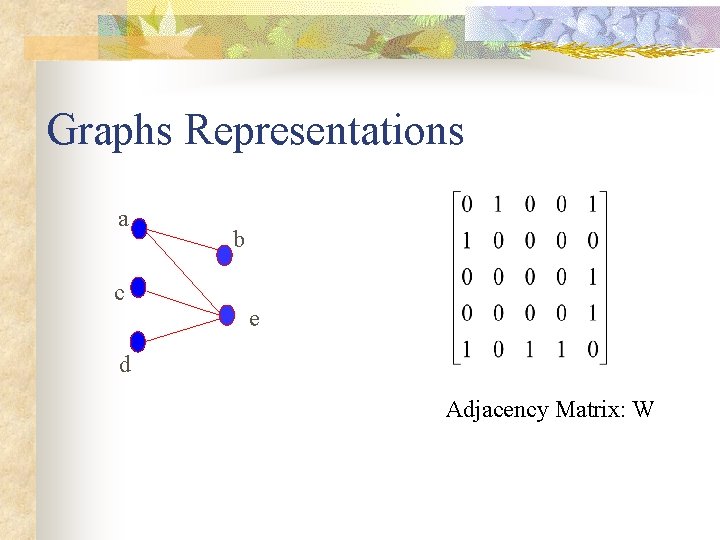 Graphs Representations a c b e d Adjacency Matrix: W 