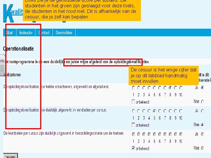 Links zie je de gemiddelde score per student. De studenten in het groen zijn