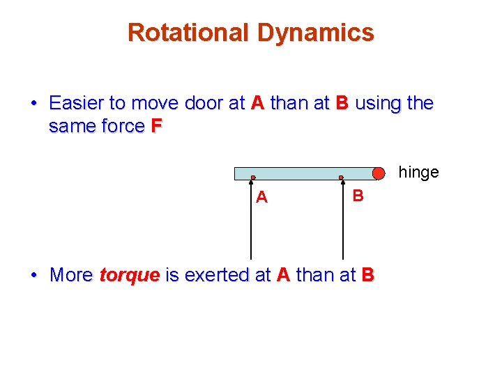 Rotational Dynamics • Easier to move door at A than at B using the