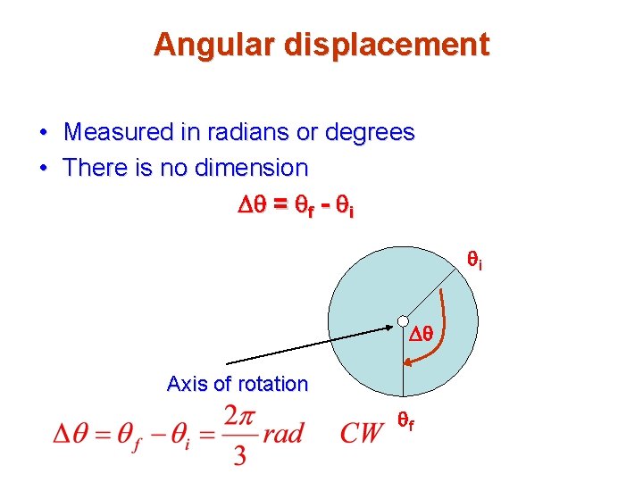 Angular displacement • Measured in radians or degrees • There is no dimension Dq