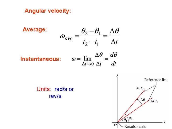 Angular velocity: Average: Instantaneous: Units: rad/s or rev/s 