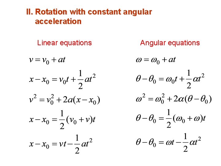 II. Rotation with constant angular acceleration Linear equations Angular equations 