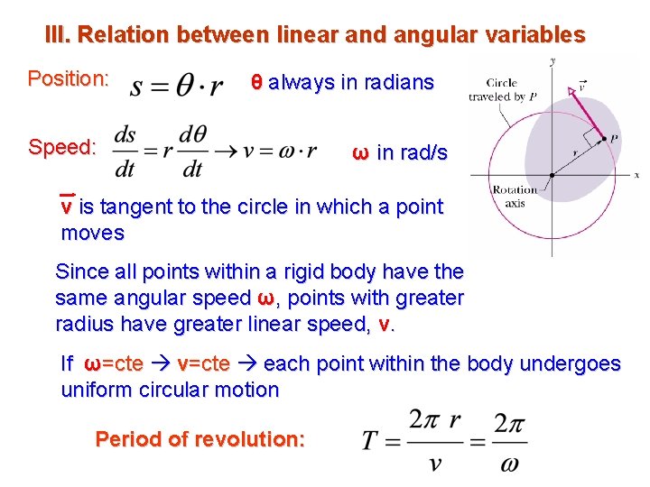 III. Relation between linear and angular variables Position: θ always in radians Speed: ω