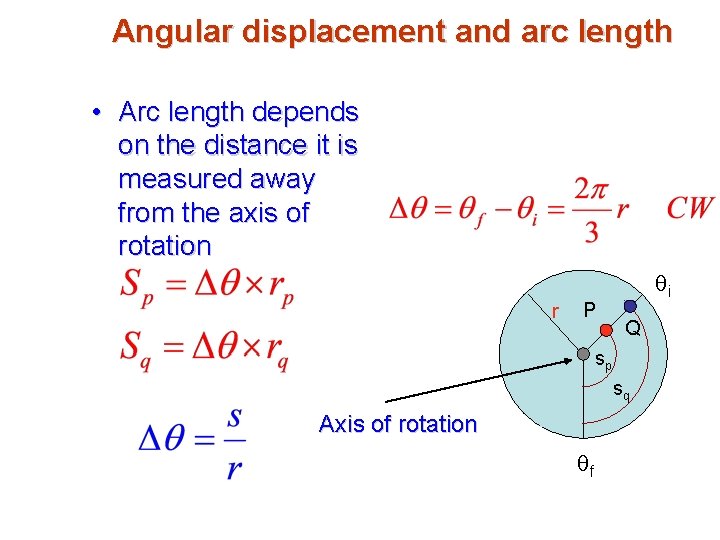Angular displacement and arc length • Arc length depends on the distance it is