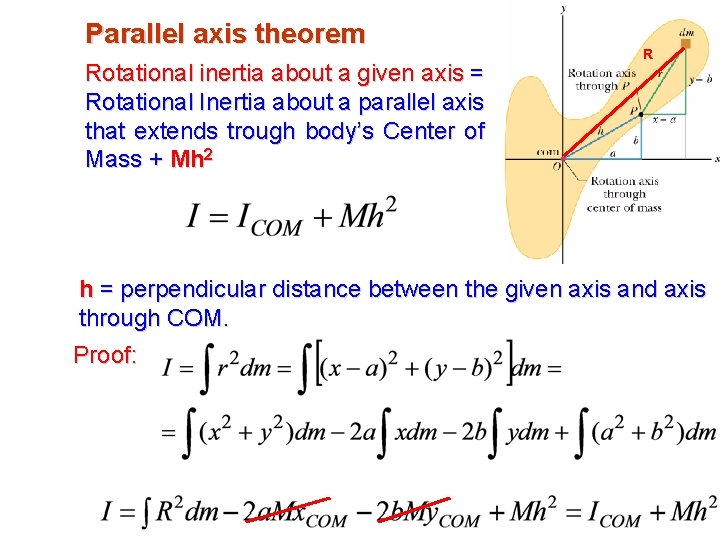 Parallel axis theorem Rotational inertia about a given axis = Rotational Inertia about a