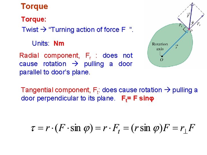 Torque: Twist “Turning action of force F ”. Units: Nm Radial component, Fr :