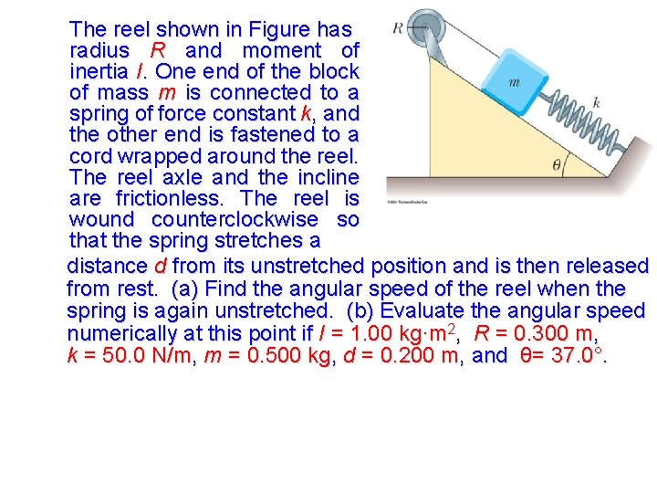 The reel shown in Figure has radius R and moment of inertia I. One