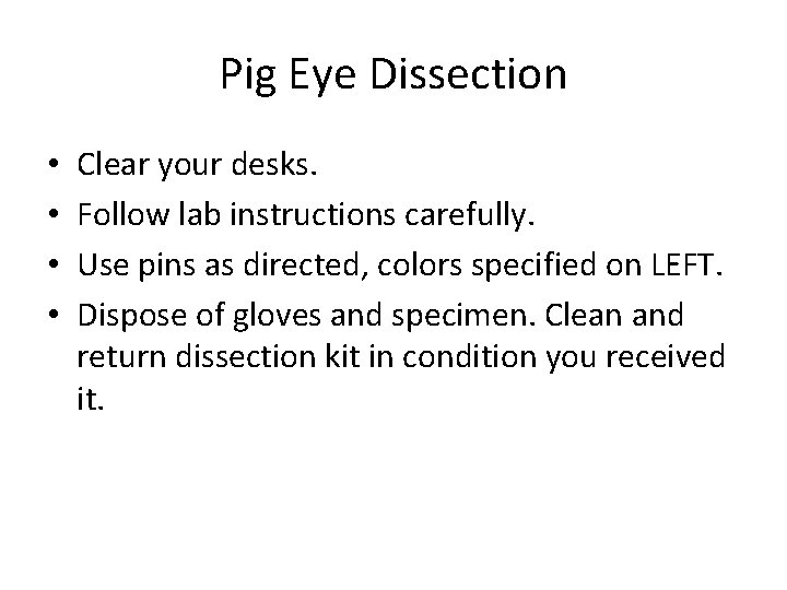 Pig Eye Dissection • • Clear your desks. Follow lab instructions carefully. Use pins Pig Eye Dissection • • Clear your desks. Follow lab instructions carefully. Use pins