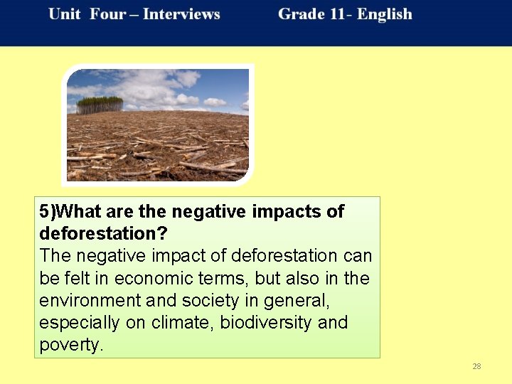 5)What are the negative impacts of deforestation? The negative impact of deforestation can be