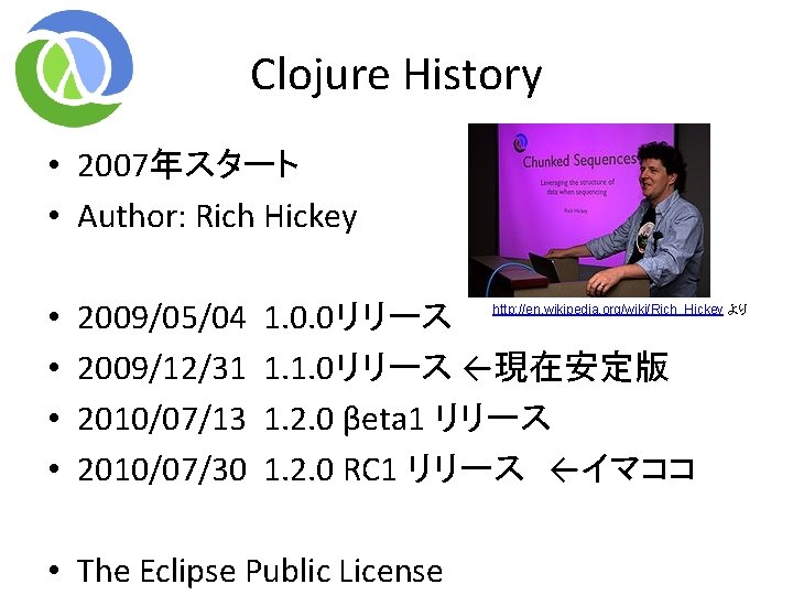 Clojure History • 2007年スタート • Author: Rich Hickey • • 2009/05/04 2009/12/31 2010/07/13 2010/07/30 Clojure History • 2007年スタート • Author: Rich Hickey • • 2009/05/04 2009/12/31 2010/07/13 2010/07/30