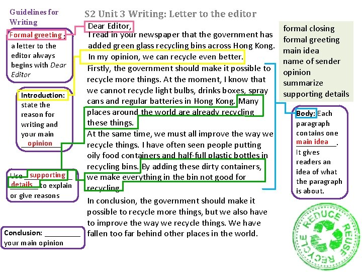 Guidelines for Writing S 2 Unit 3 Writing: Letter to the editor Dear Editor,