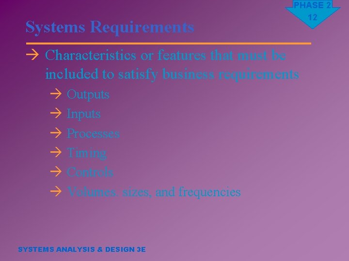 Systems Requirements PHASE 2 12 à Characteristics or features that must be included to