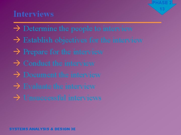 Interviews à Determine the people to interview à Establish objectives for the interview à