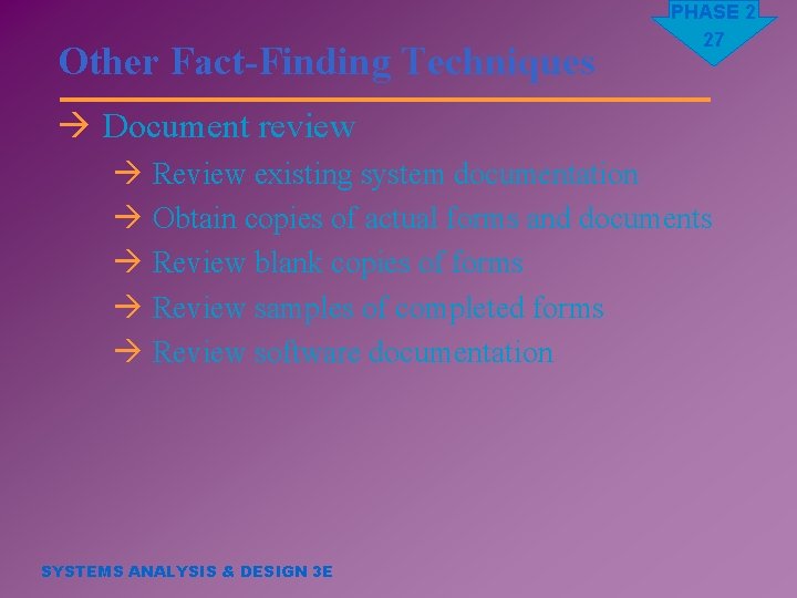 Other Fact-Finding Techniques PHASE 2 27 à Document review à Review existing system documentation