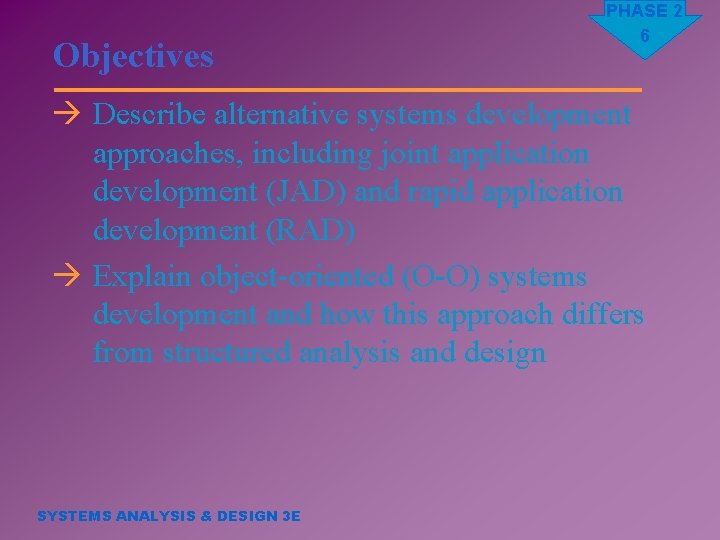 Objectives PHASE 2 6 à Describe alternative systems development approaches, including joint application development