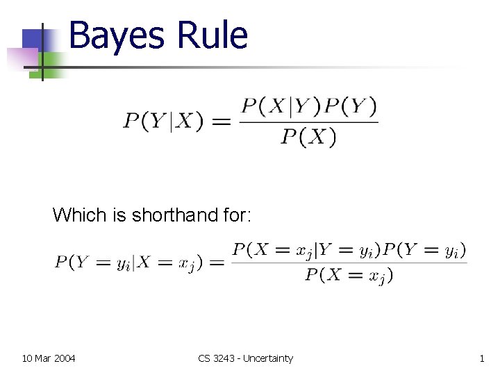 Bayes Rule Which is shorthand for: 10 Mar 2004 CS 3243 - Uncertainty 1