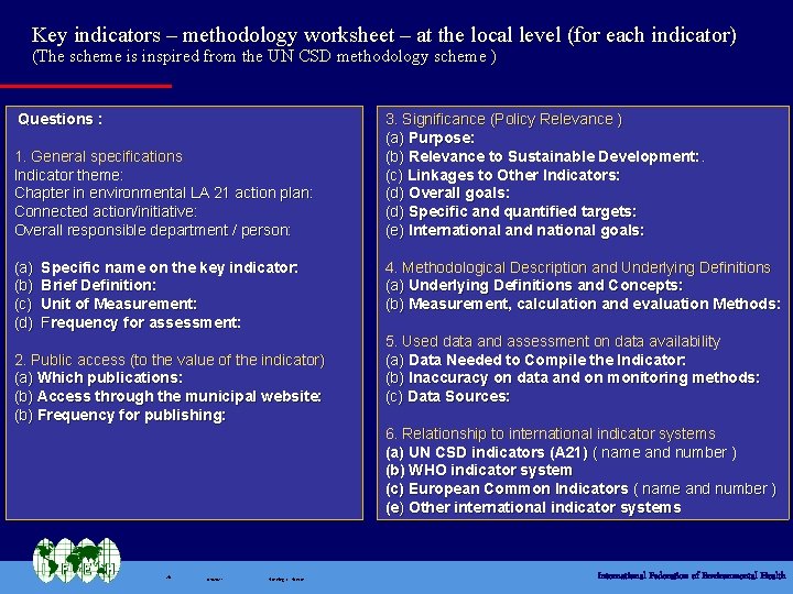 Key indicators – methodology worksheet – at the local level (for each indicator) (The
