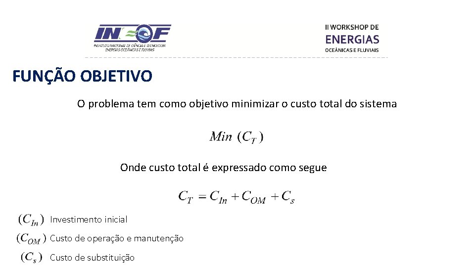 FUNÇÃO OBJETIVO O problema tem como objetivo minimizar o custo total do sistema Onde