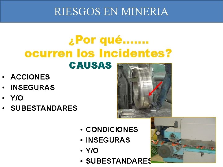 RIESGOS EN MINERIA ¿Por qué……. ocurren los Incidentes? CAUSAS • • ACCIONES INSEGURAS Y/O