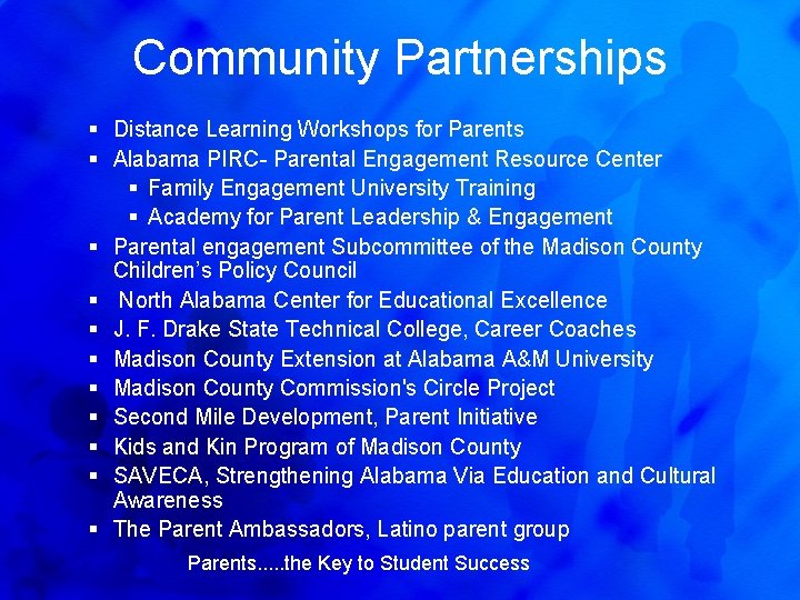 Community Partnerships § Distance Learning Workshops for Parents § Alabama PIRC- Parental Engagement Resource