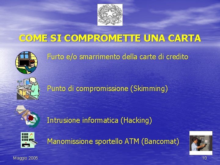 COME SI COMPROMETTE UNA CARTA Furto e/o smarrimento della carte di credito Punto di