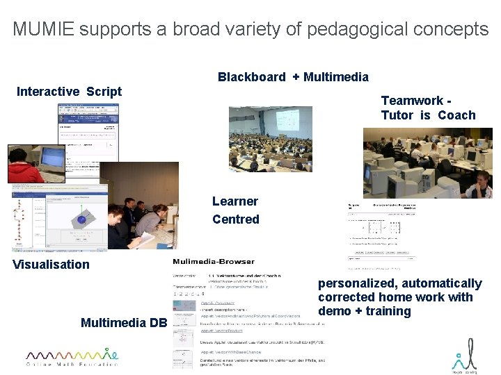 MUMIE supports a broad variety of pedagogical concepts Blackboard + Multimedia Interactive Script Teamwork
