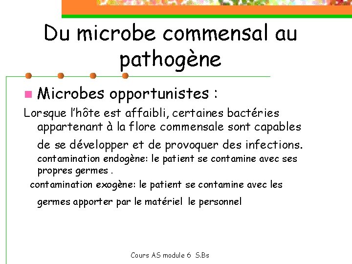 Du microbe commensal au pathogène n Microbes opportunistes : Lorsque l’hôte est affaibli, certaines