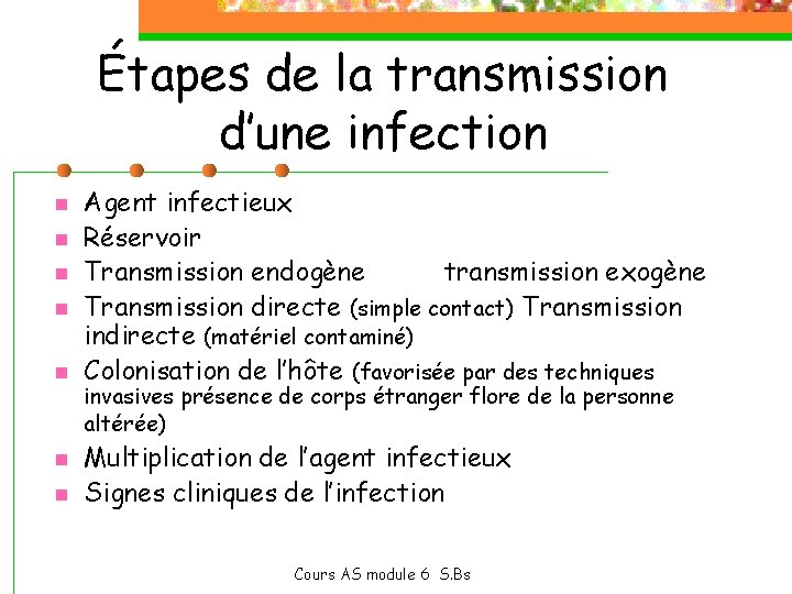 Étapes de la transmission d’une infection n n n Agent infectieux Réservoir Transmission endogène