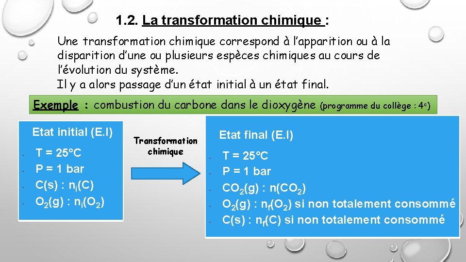 1. 2. La transformation chimique : Une transformation chimique correspond à l’apparition ou à