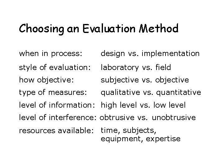 Choosing an Evaluation Method when in process: design vs. implementation style of evaluation: laboratory Choosing an Evaluation Method when in process: design vs. implementation style of evaluation: laboratory