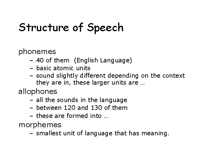 Structure of Speech phonemes – 40 of them (English Language) – basic atomic units