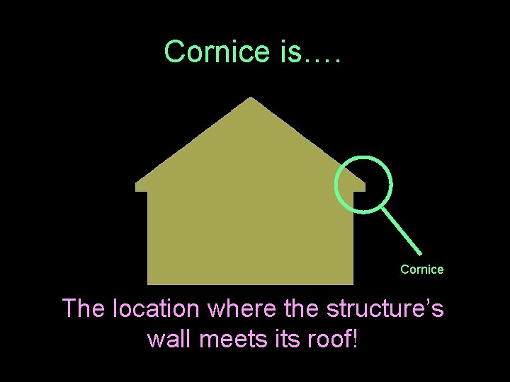 Cornice is…. Cornice The location where the structure’s wall meets its roof! 