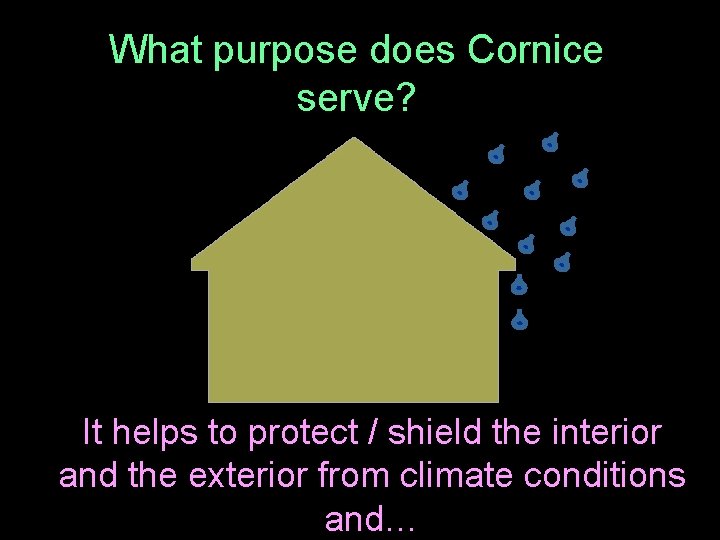 What purpose does Cornice serve? It helps to protect / shield the interior and