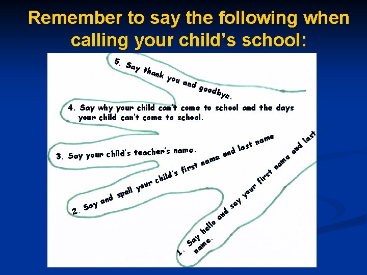 Remember to say the following when calling your child’s school: 5. S ay t