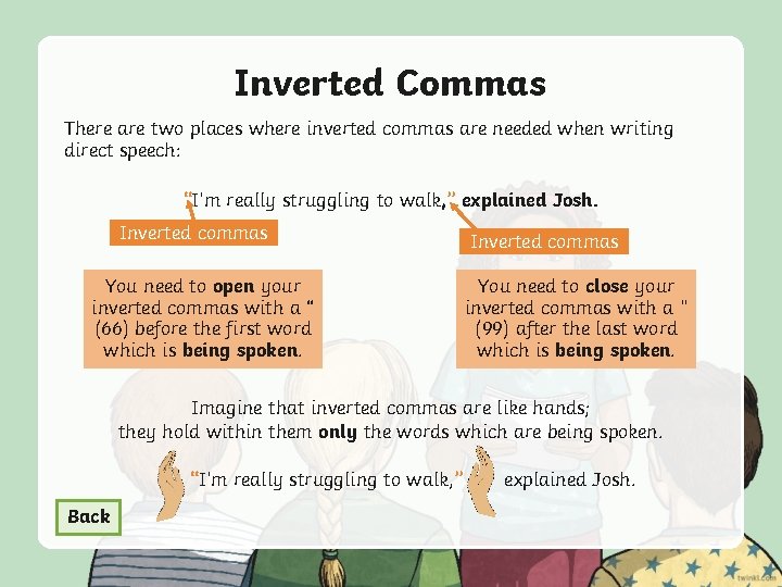 Inverted Commas There are two places where inverted commas are needed when writing direct
